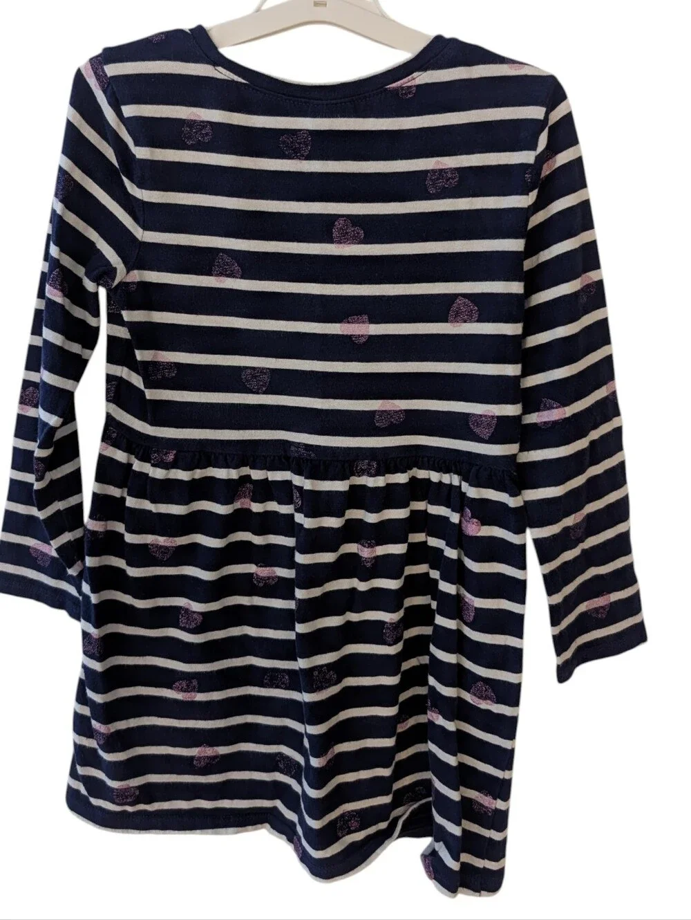 Gymboree Girls Navy&White Striped Dress with Sparkle Purple Hearts Size S 5-6